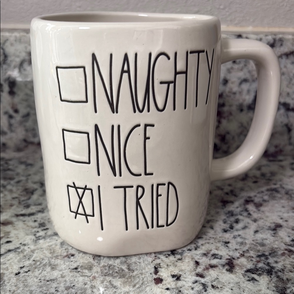 Rae Dunn White Ceramic Mug - Naughty Nice I Tried